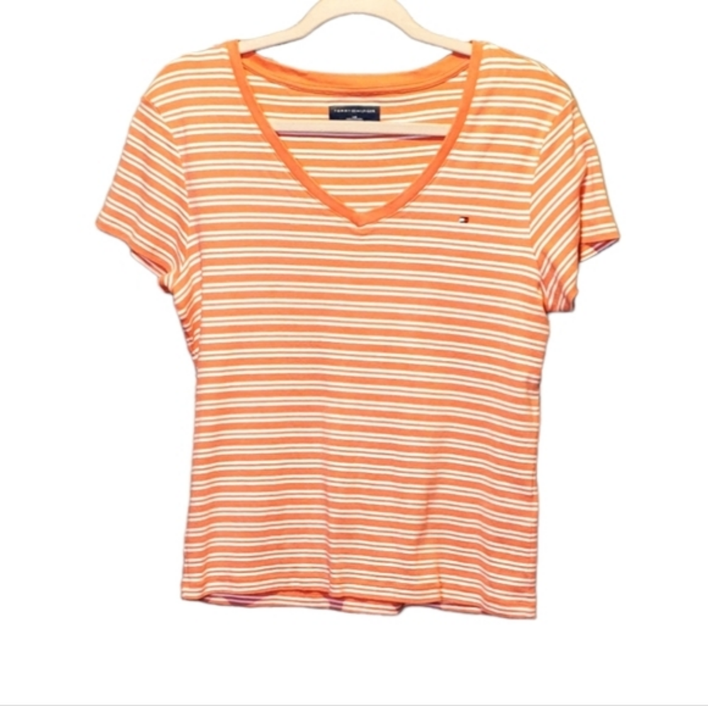 Tommy Hilfiger Striped Orange White Vneck Cotton Top Large